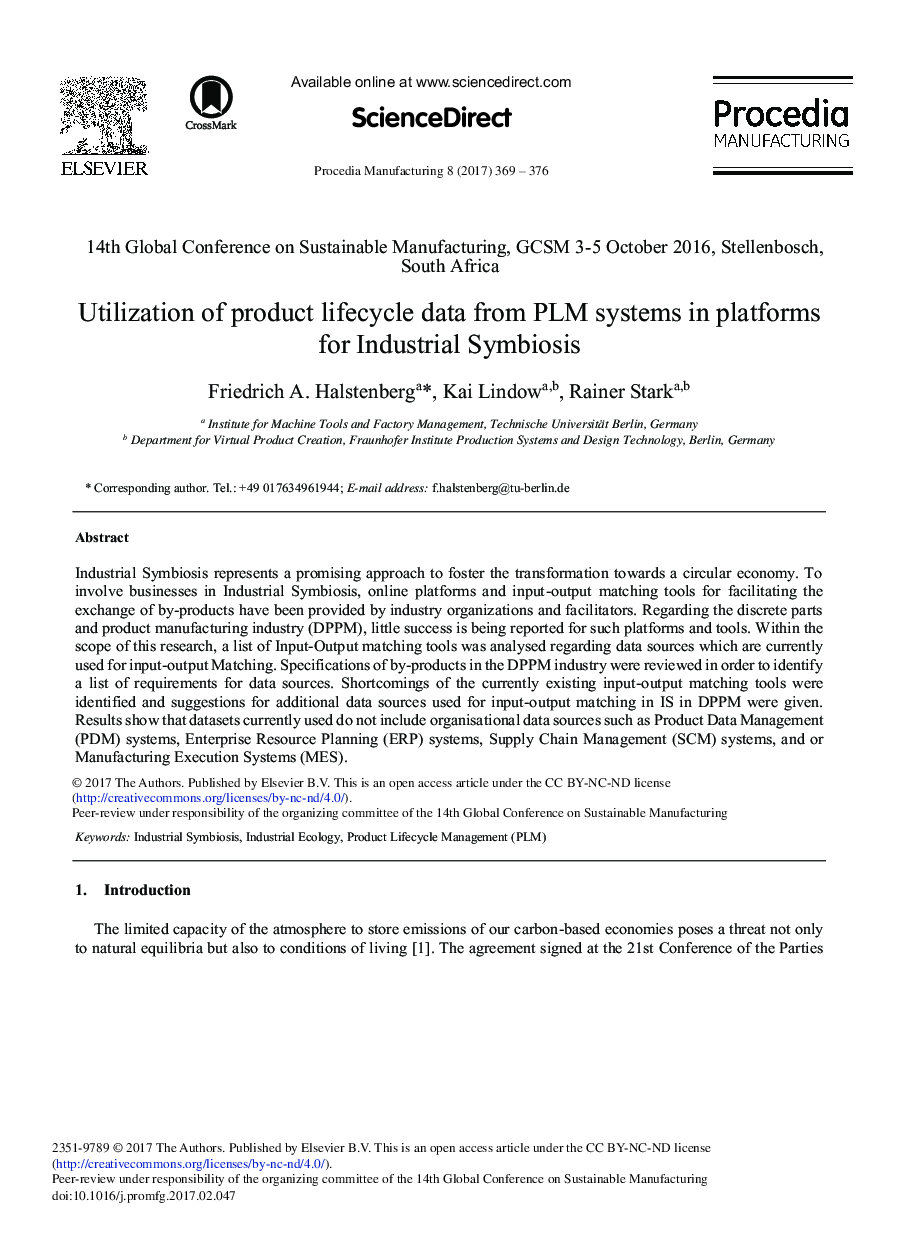 Utilization of Product Lifecycle Data from PLM Systems in Platforms for Industrial Symbiosis