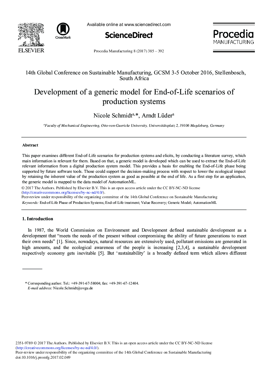 Development of a Generic Model for End-of-Life Scenarios of Production Systems