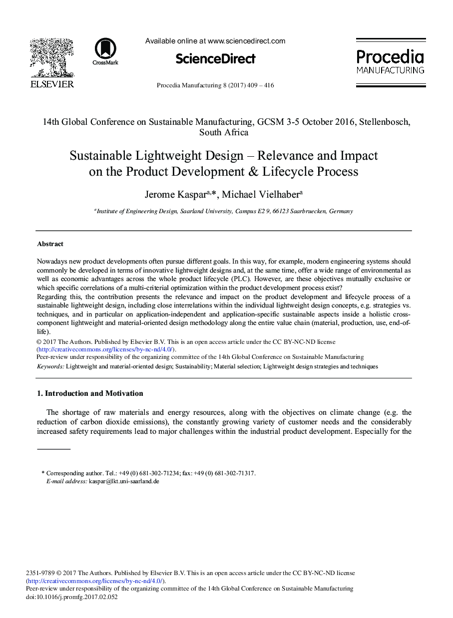 Sustainable Lightweight Design - Relevance and Impact on the Product Development & Lifecycle Process