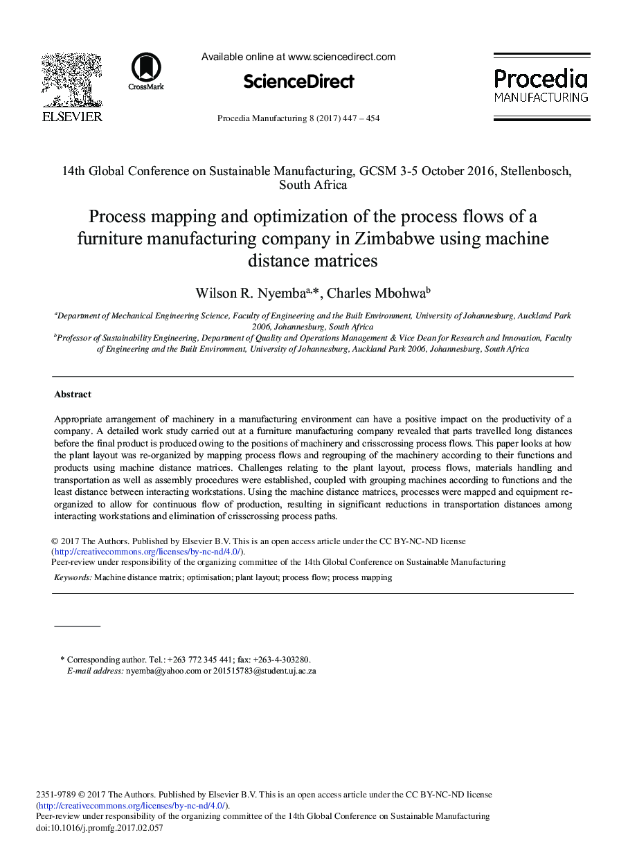 Process Mapping and Optimization of the Process Flows of a Furniture Manufacturing Company in Zimbabwe Using Machine Distance Matrices