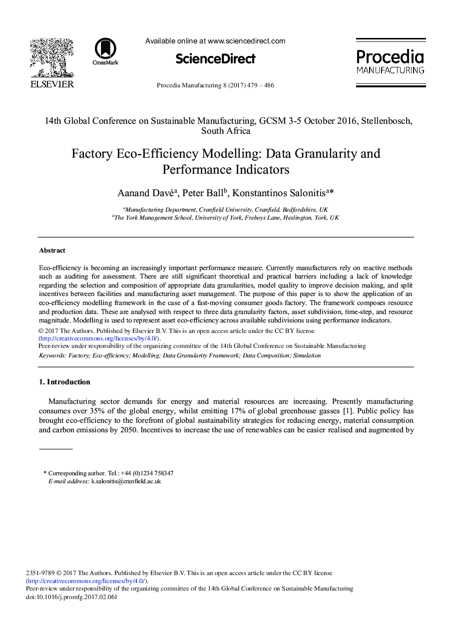 Factory Eco-Efficiency Modelling: Data Granularity and Performance Indicators