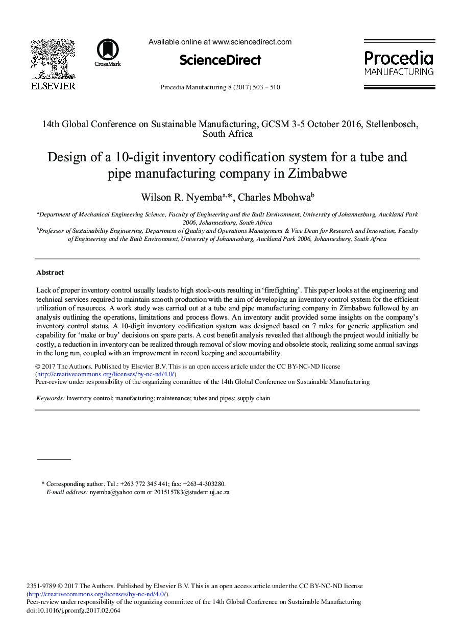 Design of a 10-digit Inventory Codification System for a Tube and Pipe Manufacturing Company in Zimbabwe