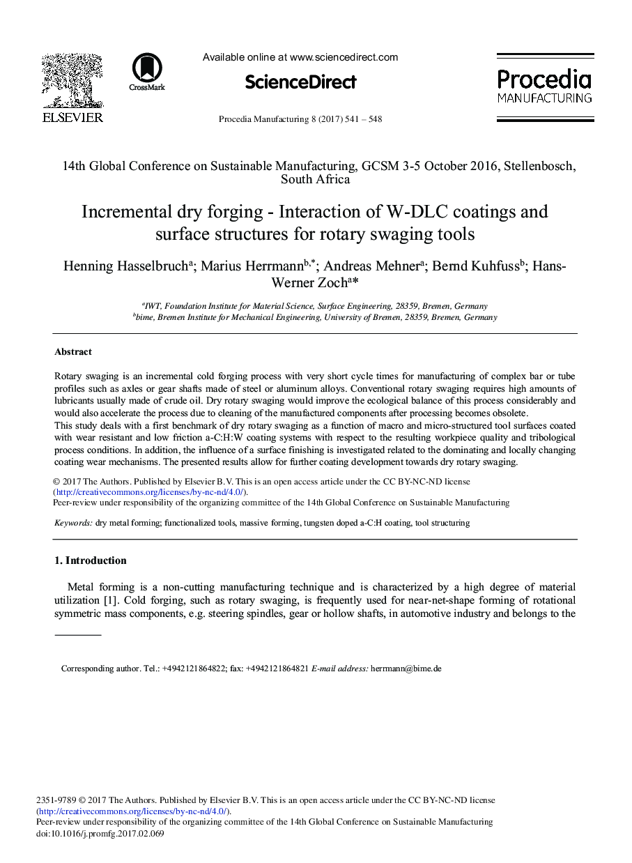 Incremental dry forging - Interaction of W-DLC Coatings and Surface Structures for Rotary Swaging Tools