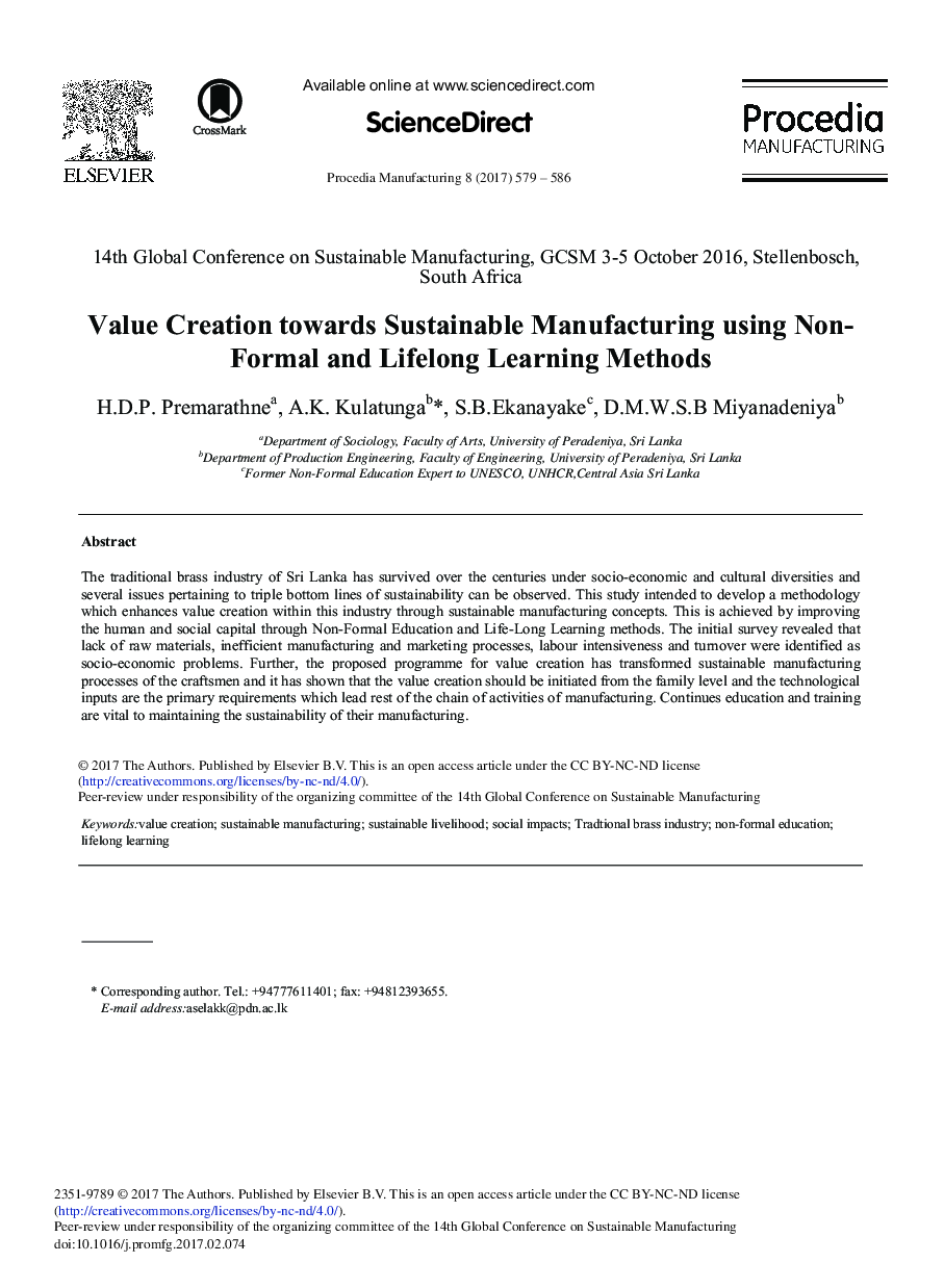 Value Creation towards Sustainable Manufacturing using Non-Formal and Lifelong Learning Methods