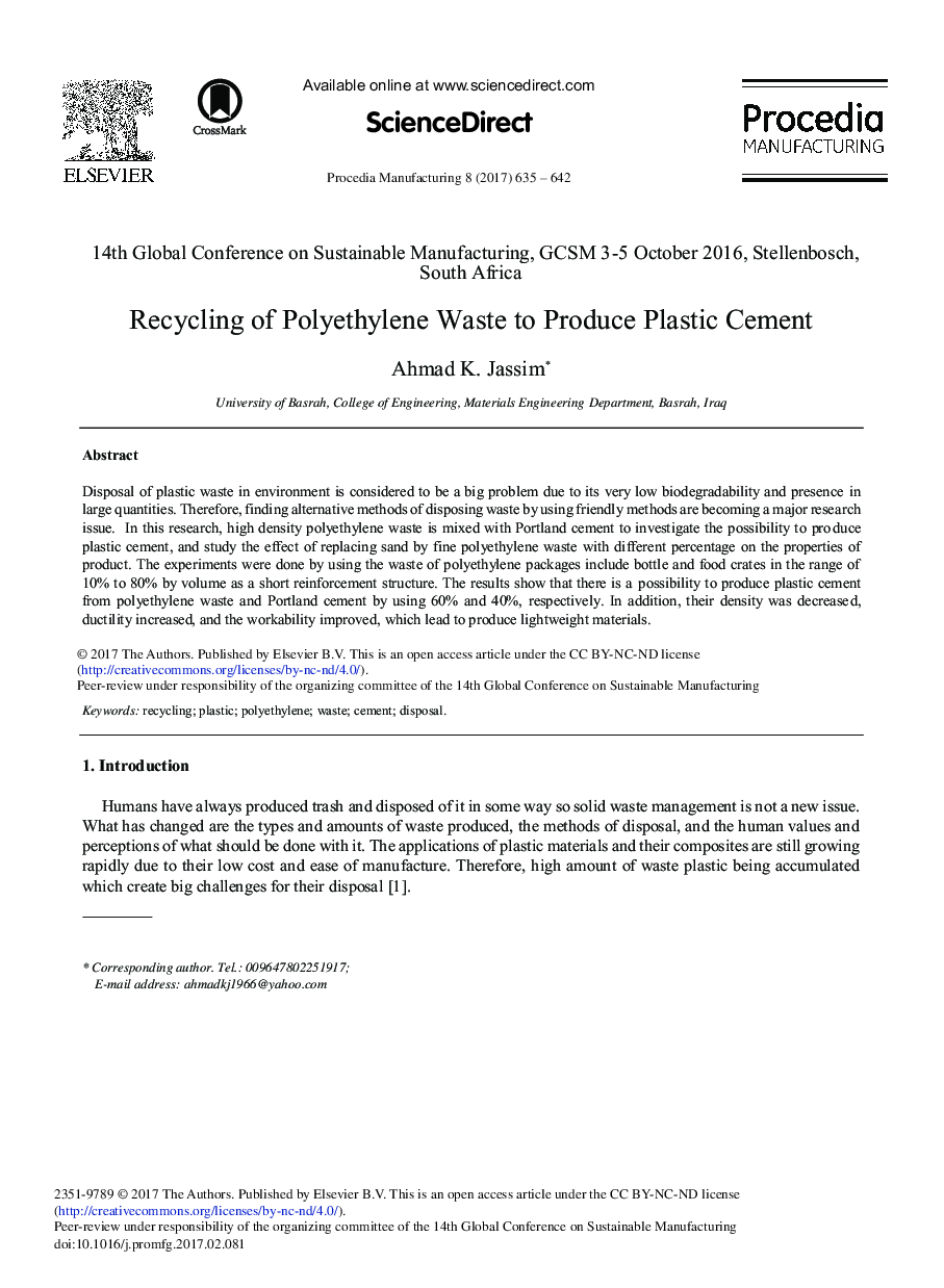 Recycling of Polyethylene Waste to Produce Plastic Cement