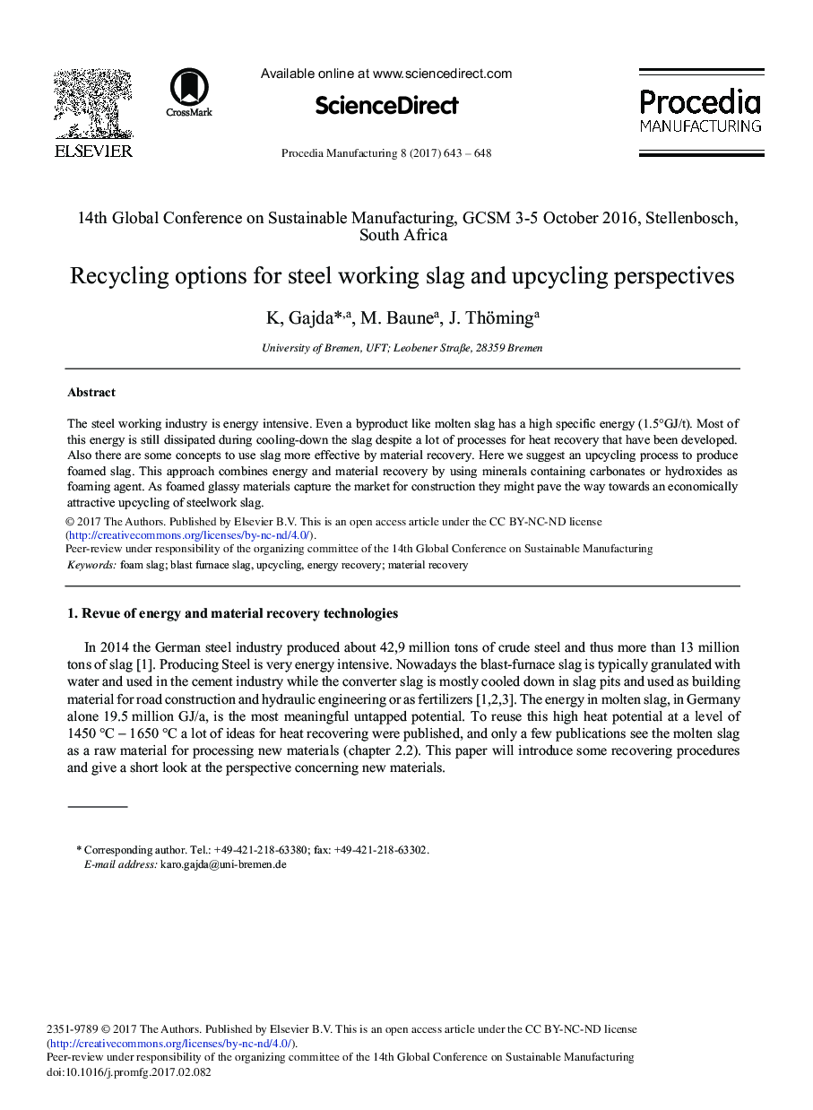 Recycling Options for Steel Working Slag and Upcycling Perspectives