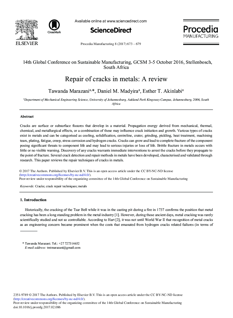 Repair of Cracks in Metals: A Review