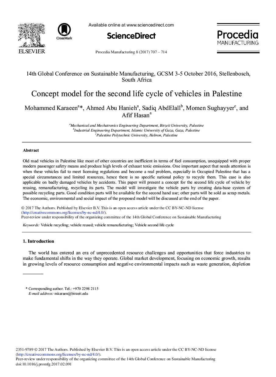 Concept Model for the Second Life Cycle of Vehicles in Palestine