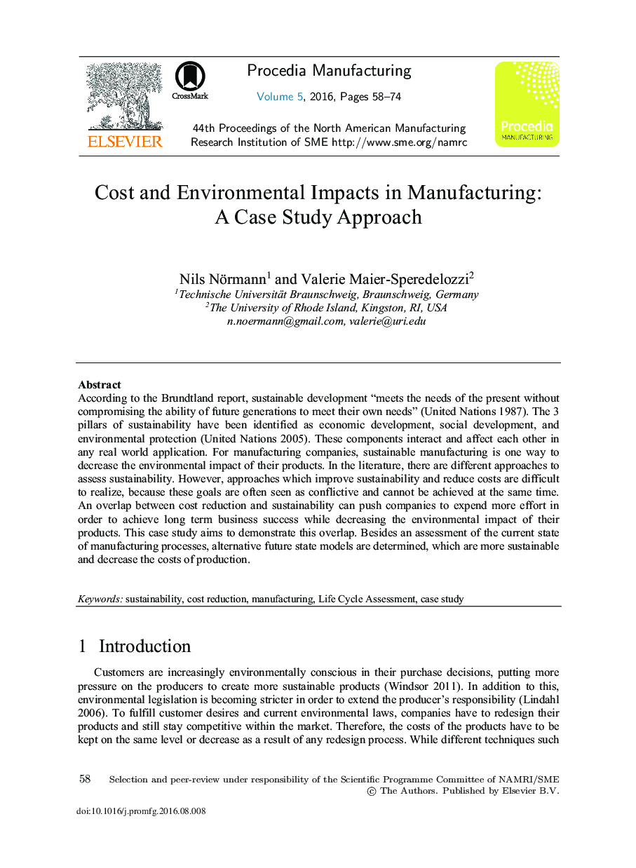 Cost and Environmental Impacts in Manufacturing: A Case Study Approach
