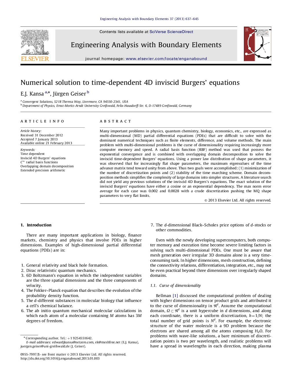 Numerical solution to time-dependent 4D inviscid Burgers' equations