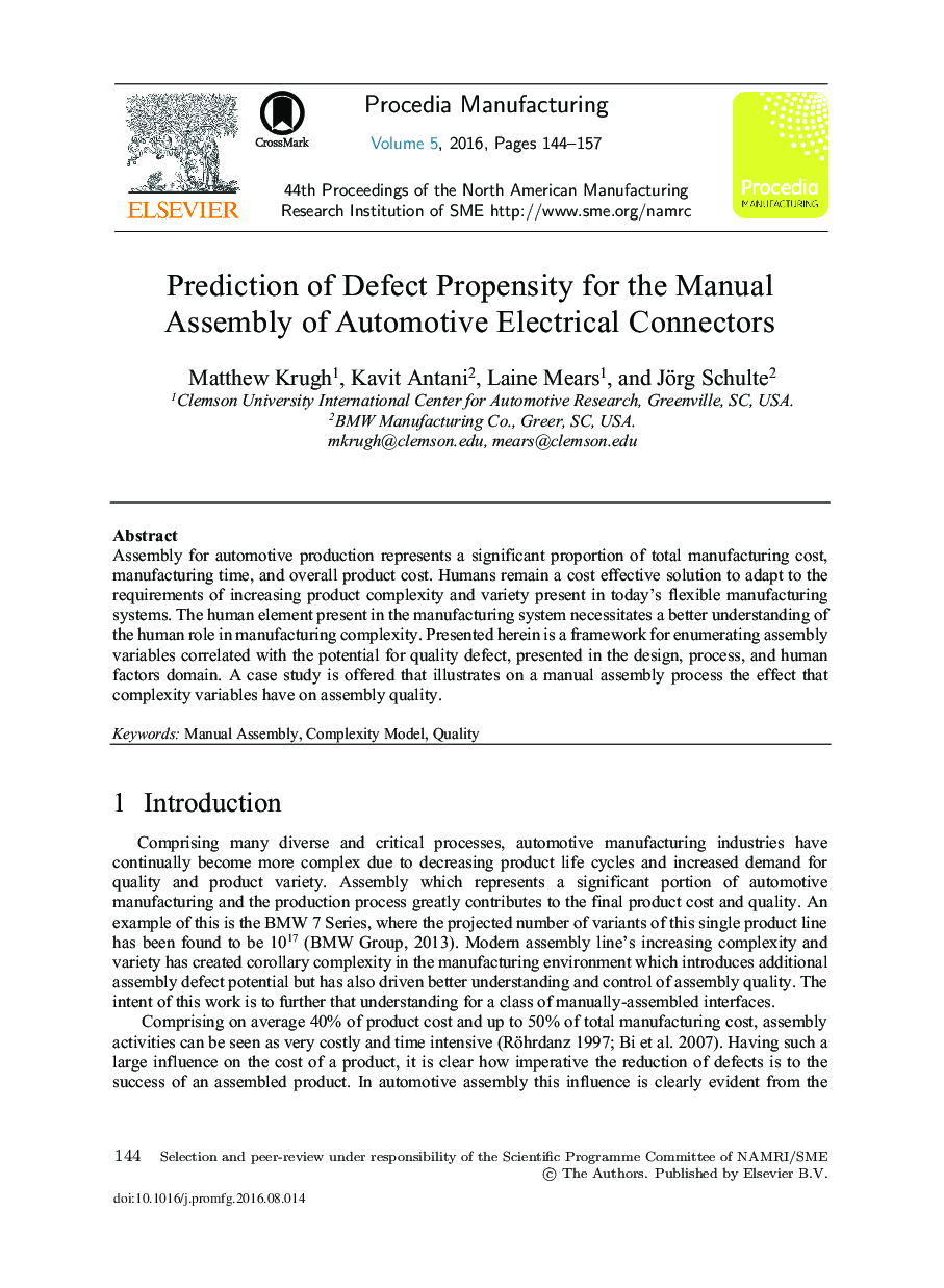 Prediction of Defect Propensity for the Manual Assembly of Automotive Electrical Connectors