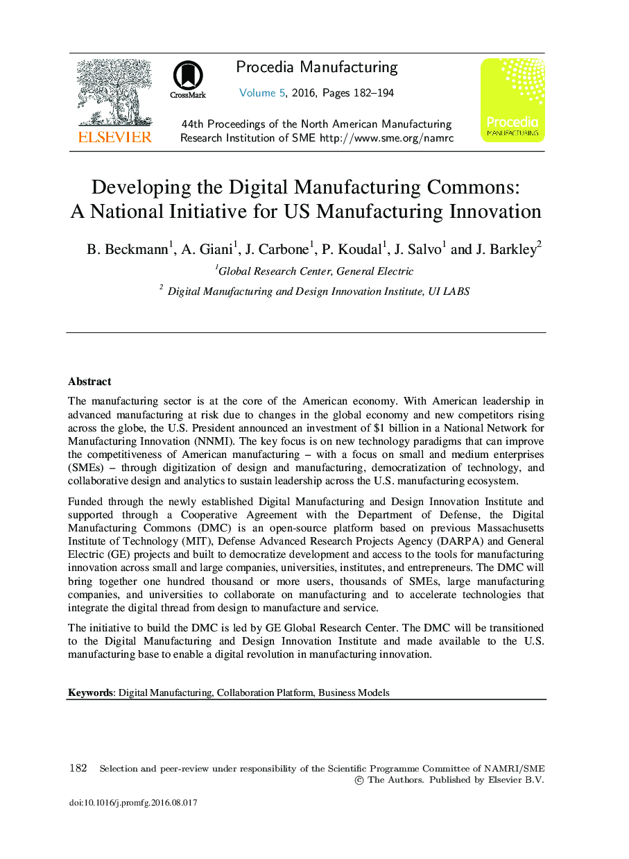 Developing the Digital Manufacturing Commons: A National Initiative for US Manufacturing Innovation