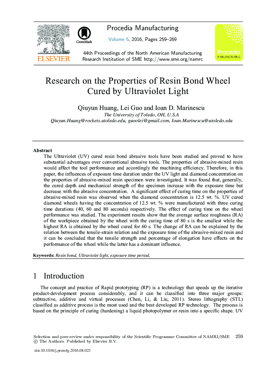 Research on the Properties of Resin Bond Wheel Cured by Ultraviolet Light