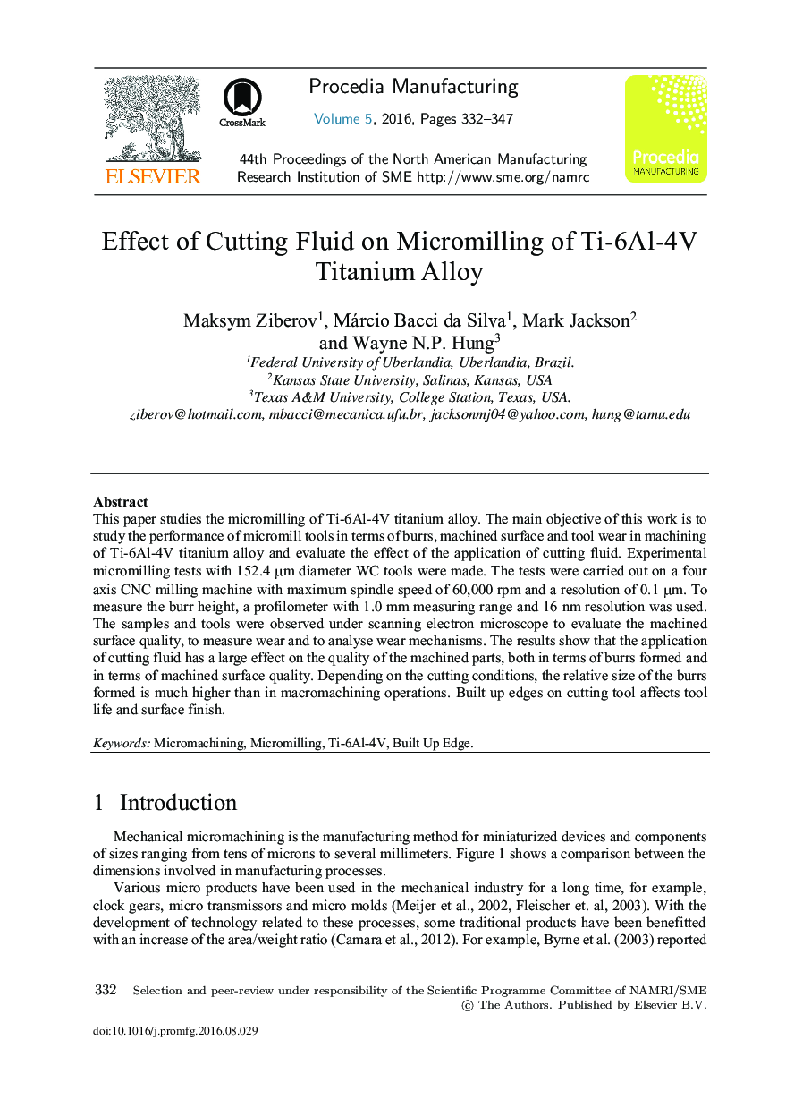 Effect of Cutting Fluid on Micromilling of Ti-6Al-4V Titanium Alloy