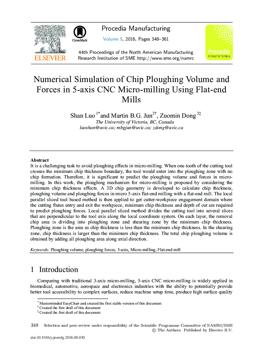 Numerical Simulation of Chip Ploughing Volume and Forces in 5-axis CNC Micro-milling Using Flat-end Mills