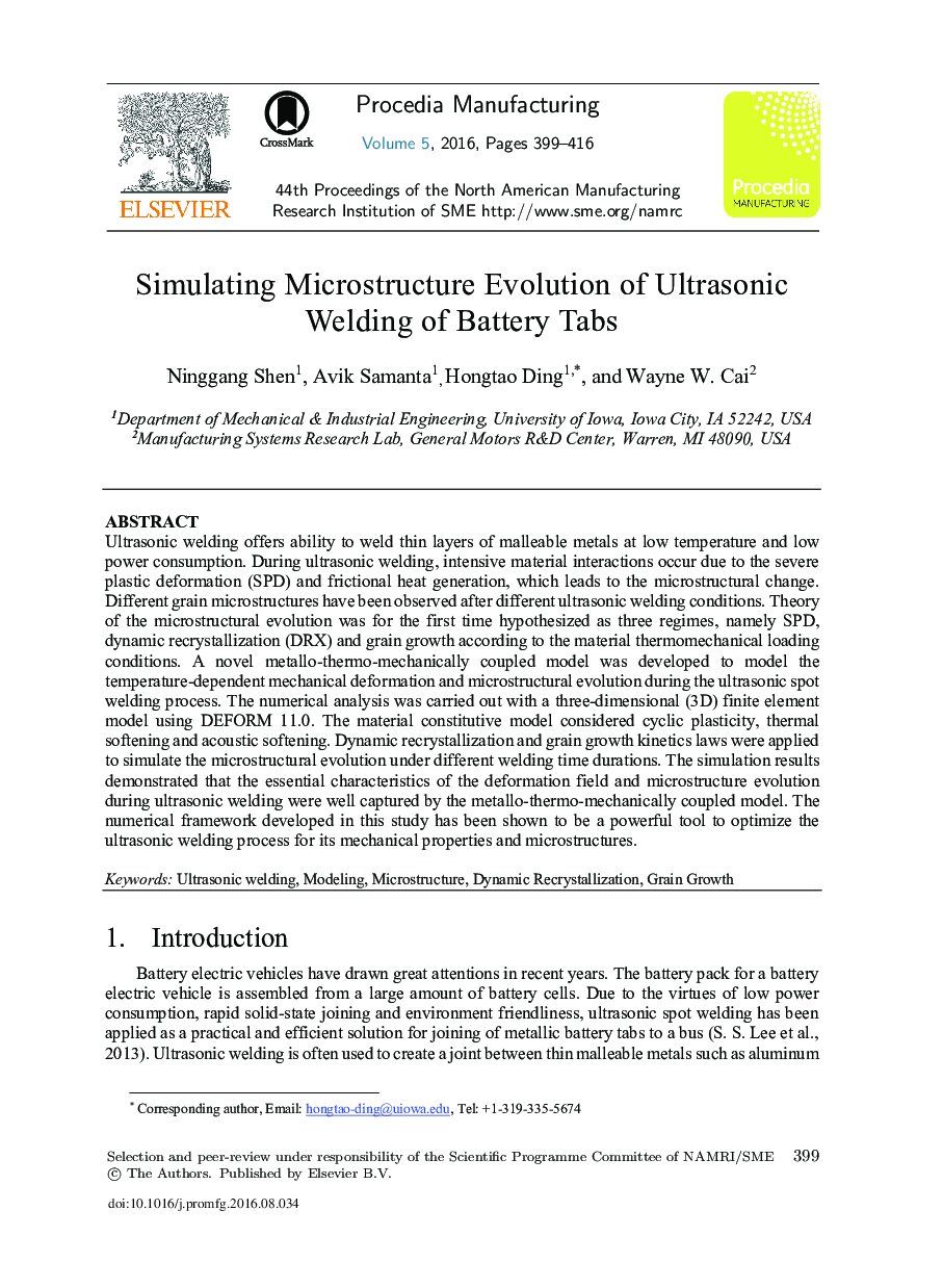 Simulating Microstructure Evolution of Ultrasonic Welding of Battery Tabs