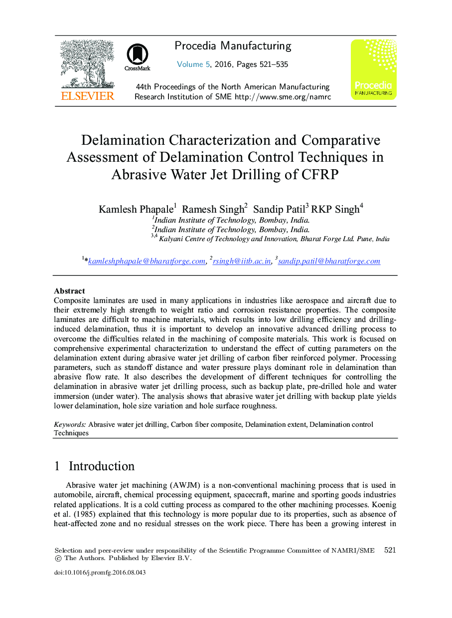 Delamination Characterization and Comparative Assessment of Delamination Control Techniques in Abrasive Water Jet Drilling of CFRP