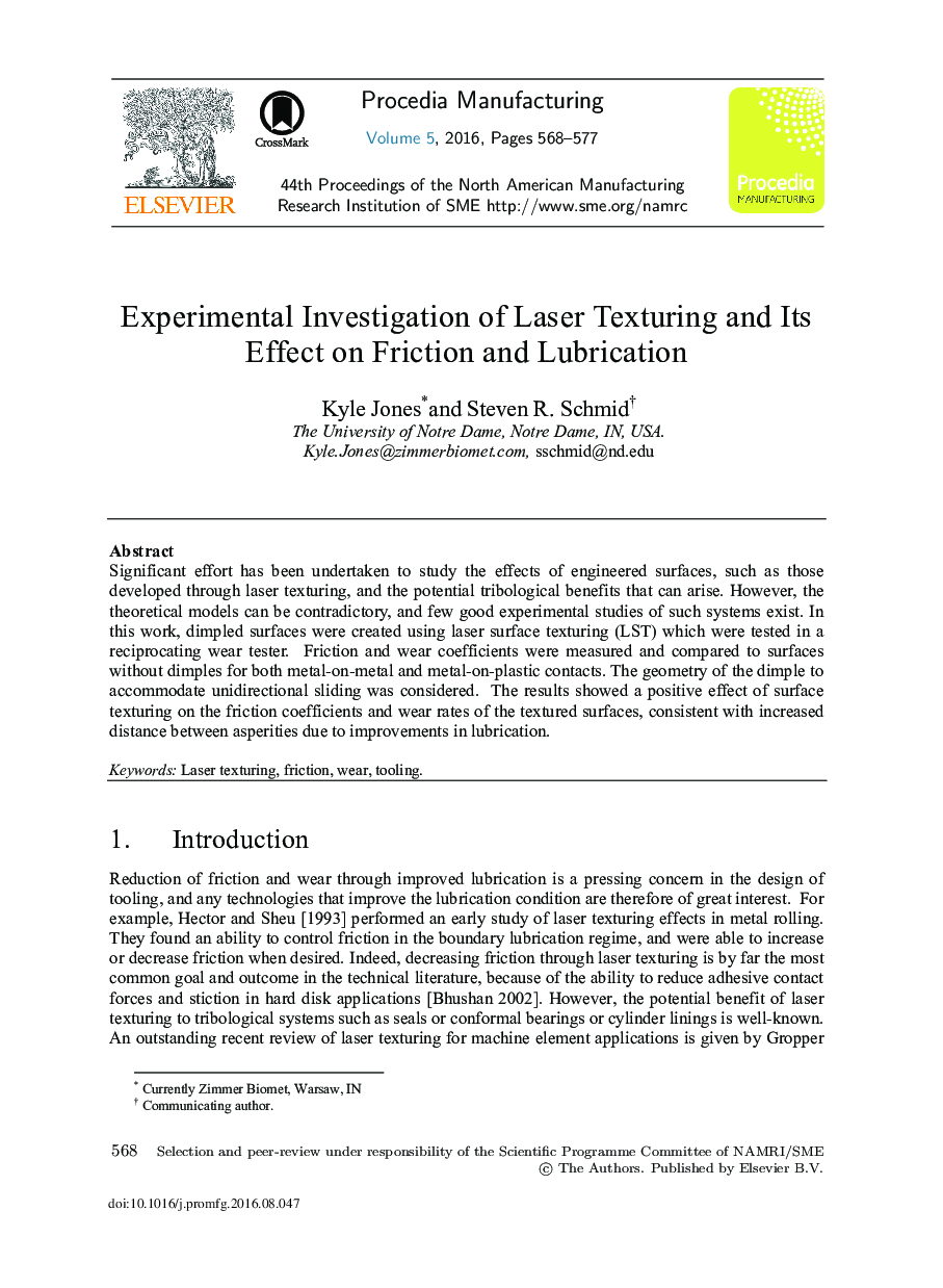 Experimental Investigation of Laser Texturing and its Effect on Friction and Lubrication