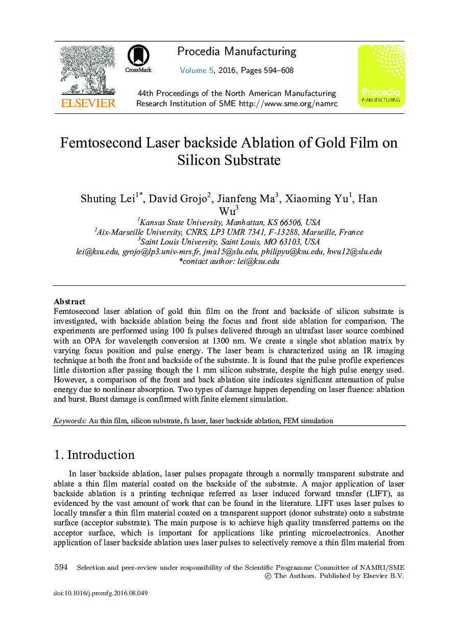 Femtosecond Laser Backside Ablation of Gold Film on Silicon Substrate