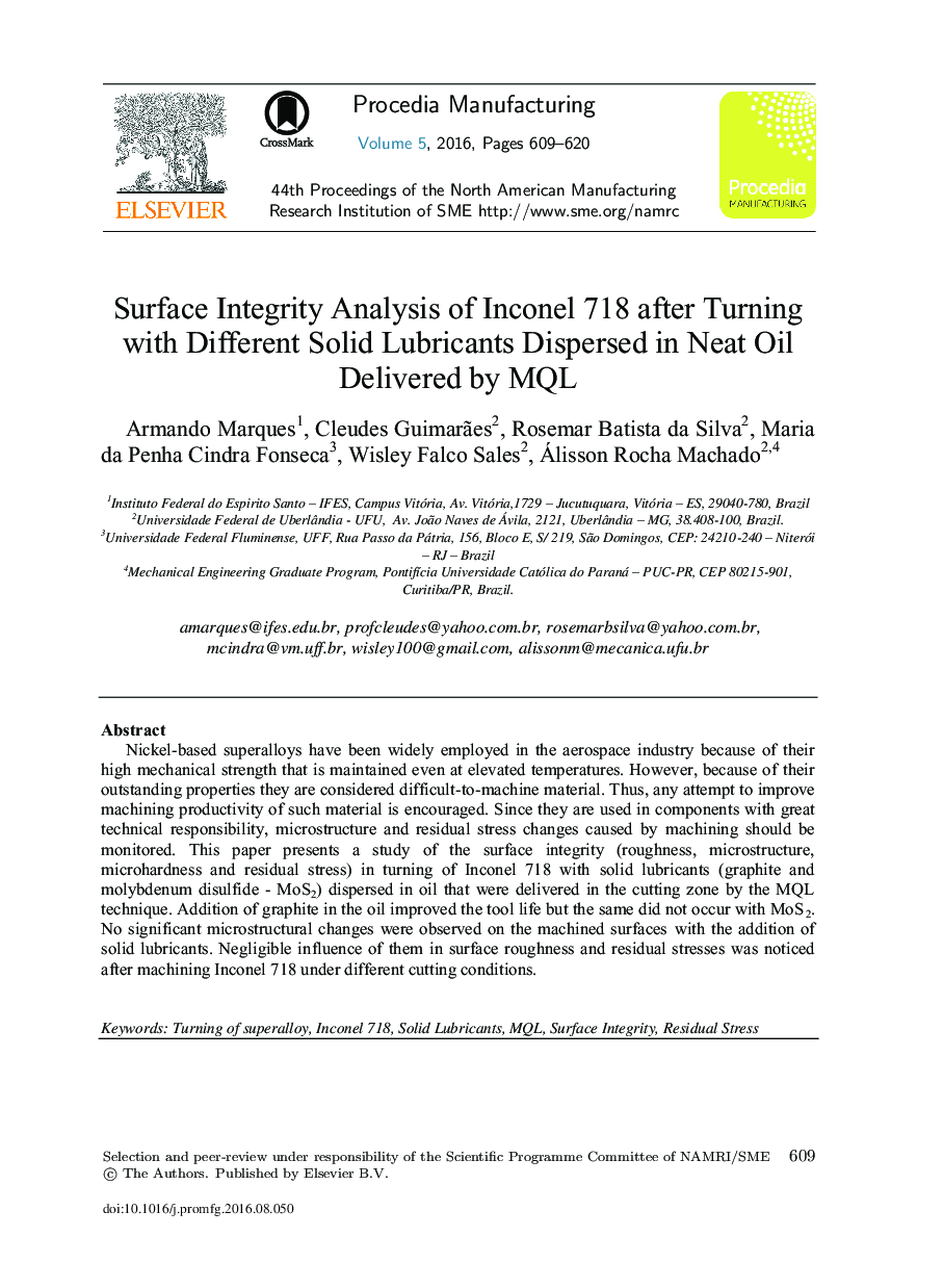 Surface Integrity Analysis of Inconel 718 after Turning with Different Solid Lubricants Dispersed in Neat Oil Delivered by MQL