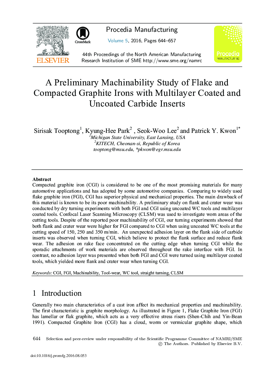 A Preliminary Machinability Study of Flake and Compacted Graphite Irons with Multilayer Coated and Uncoated Carbide Inserts