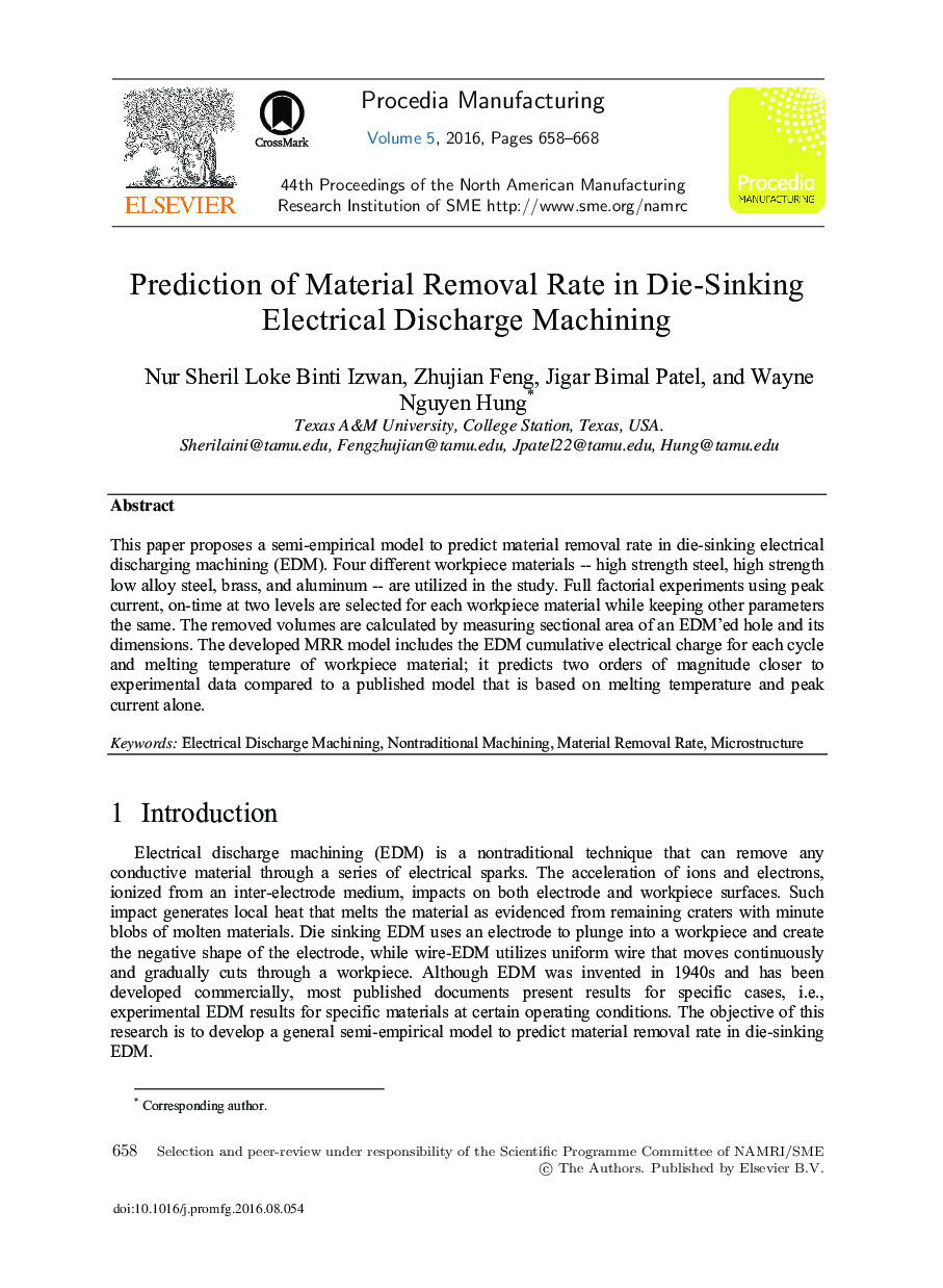 Prediction of Material Removal Rate in Die-sinking Electrical Discharge Machining