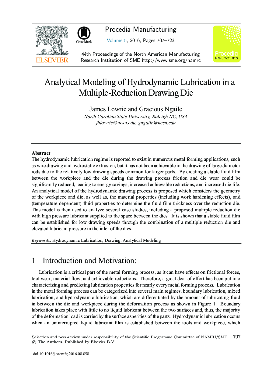 Analytical Modeling of Hydrodynamic Lubrication in a Multiple-reduction Drawing Die