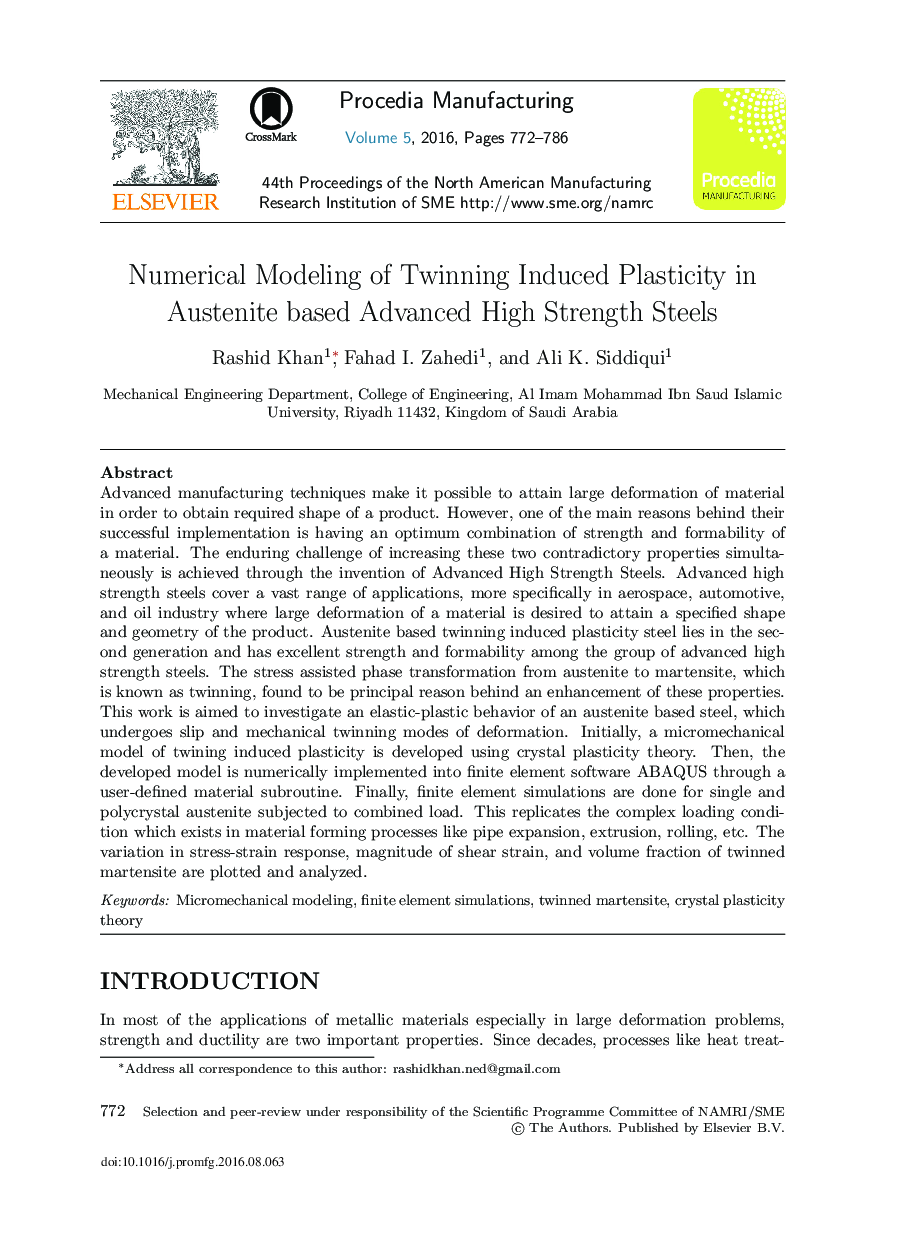 Numerical Modeling of Twinning Induced Plasticity in Austenite Based Advanced High Strength Steels