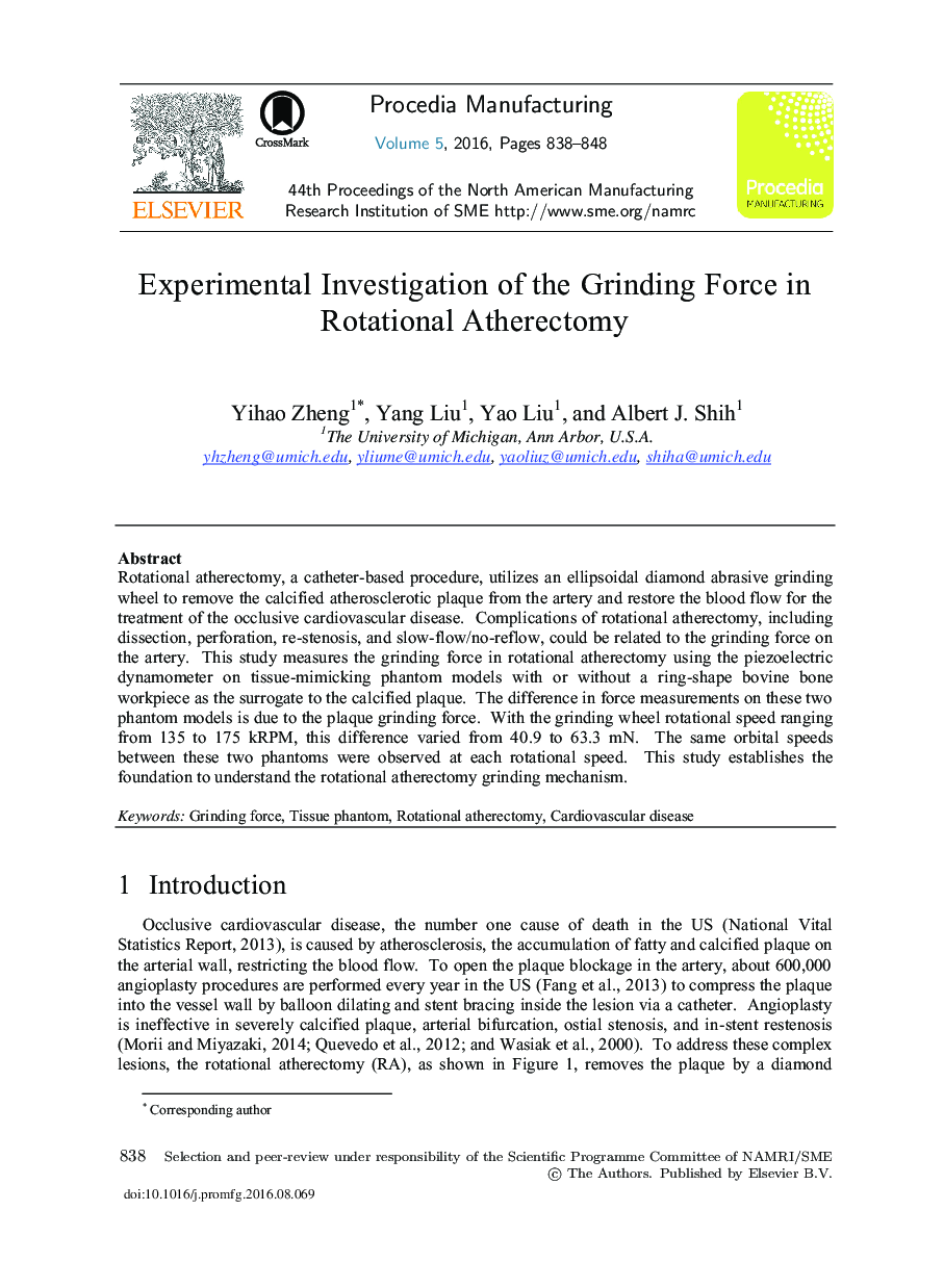 Experimental Investigation of the Grinding Force in Rotational Atherectomy