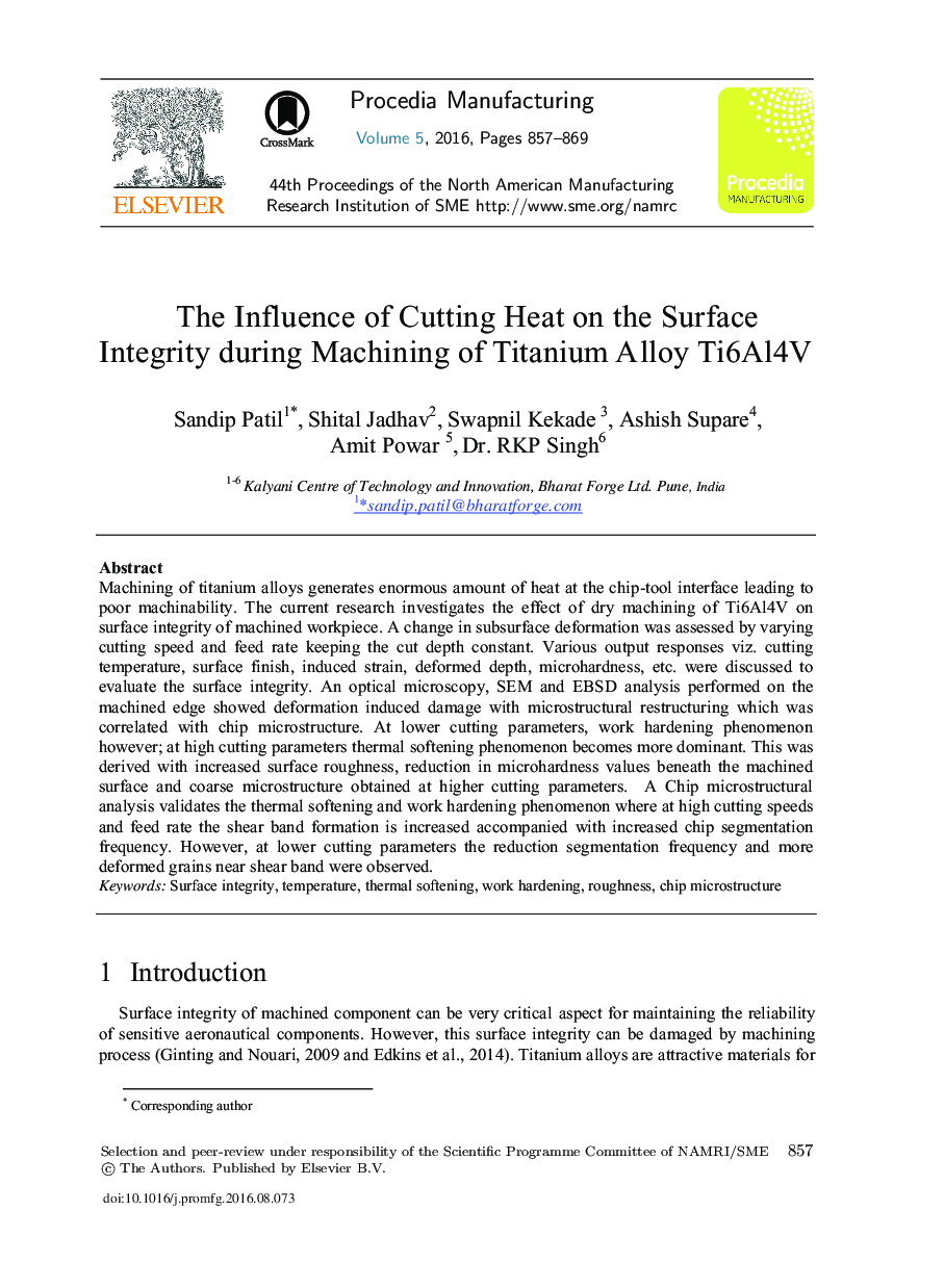 The Influence of Cutting Heat on the Surface Integrity during Machining of Titanium Alloy Ti6Al4V