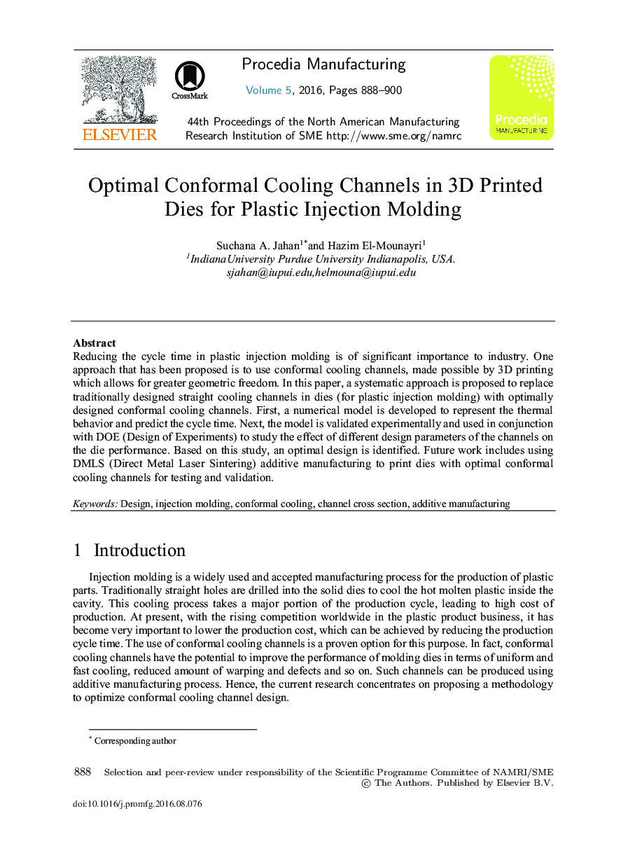 Optimal Conformal Cooling Channels in 3D Printed Dies for Plastic Injection Molding