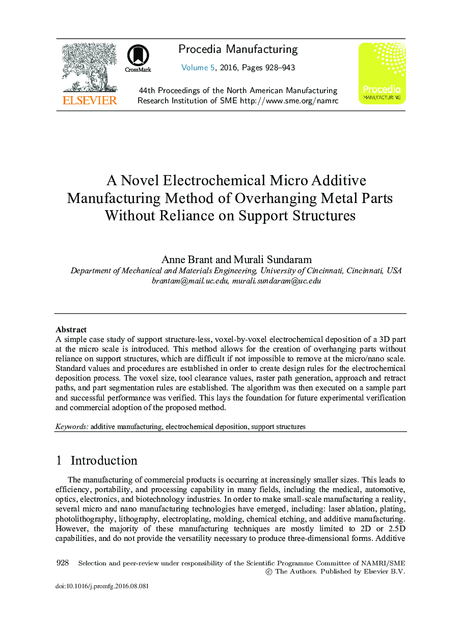 A Novel Electrochemical Micro Additive Manufacturing Method of Overhanging Metal Parts without Reliance on Support Structures