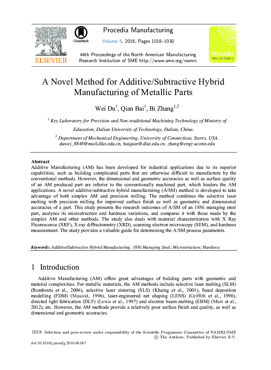 A Novel Method for Additive/Subtractive Hybrid Manufacturing of Metallic Parts