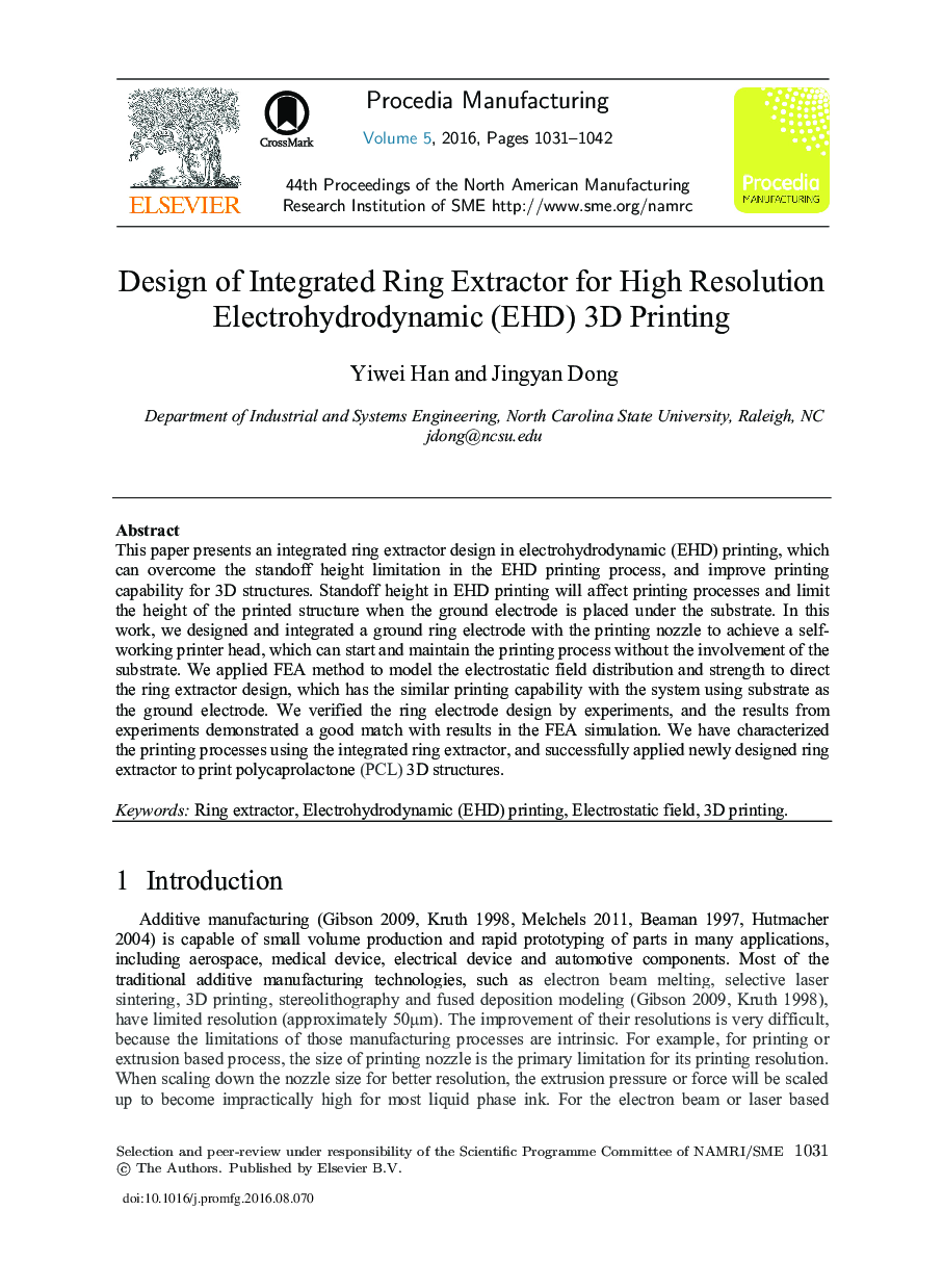 Design of Integrated Ring Extractor for High Resolution Electrohydrodynamic (EHD) 3D Printing