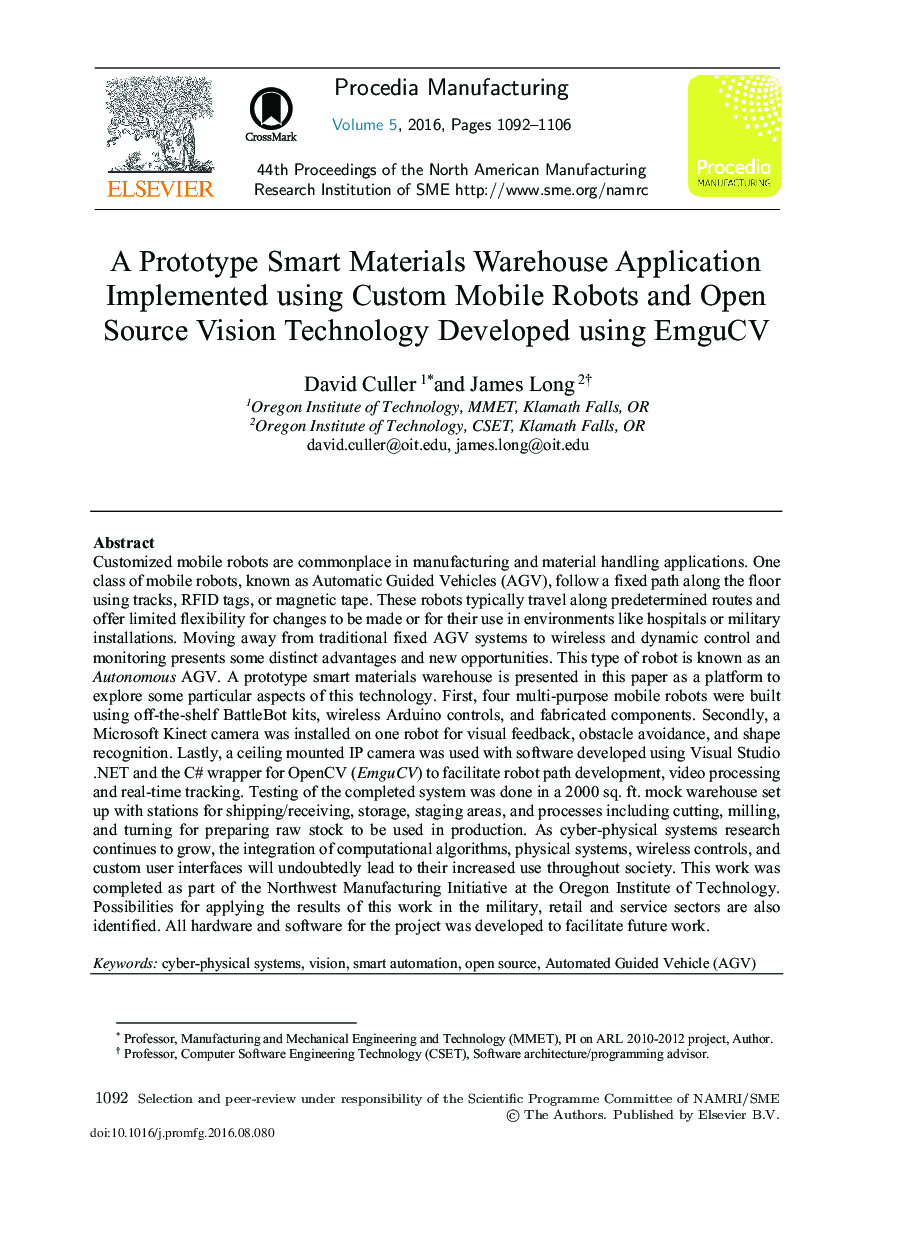 A Prototype Smart Materials Warehouse Application Implemented Using Custom Mobile Robots and Open Source Vision Technology Developed Using EmguCV
