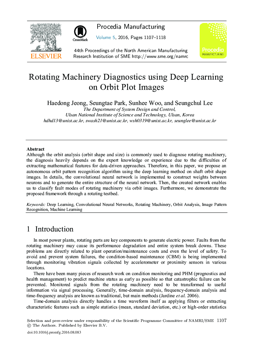 Rotating Machinery Diagnostics Using Deep Learning on Orbit Plot Images