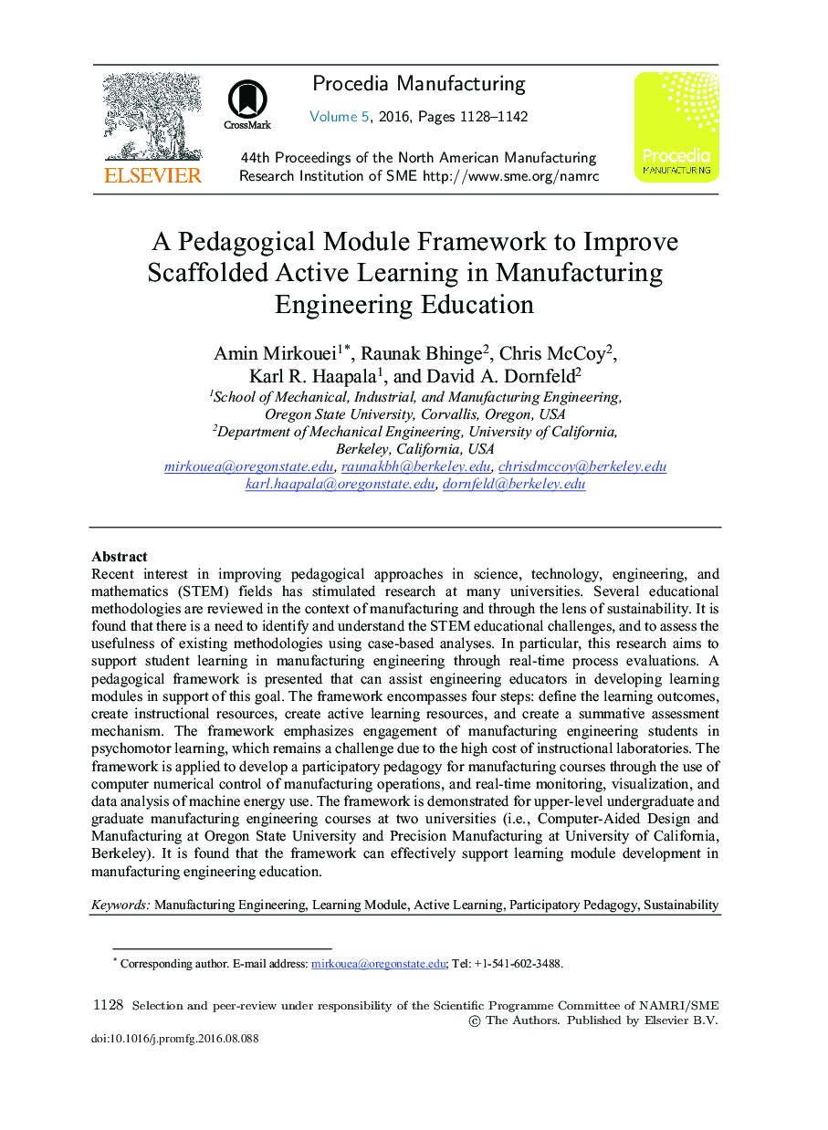 A Pedagogical Module Framework to Improve Scaffolded Active Learning in Manufacturing Engineering Education