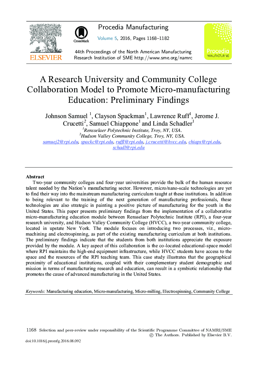 A Research University and Community College Collaboration Model to Promote Micro-manufacturing Education: Preliminary Findings