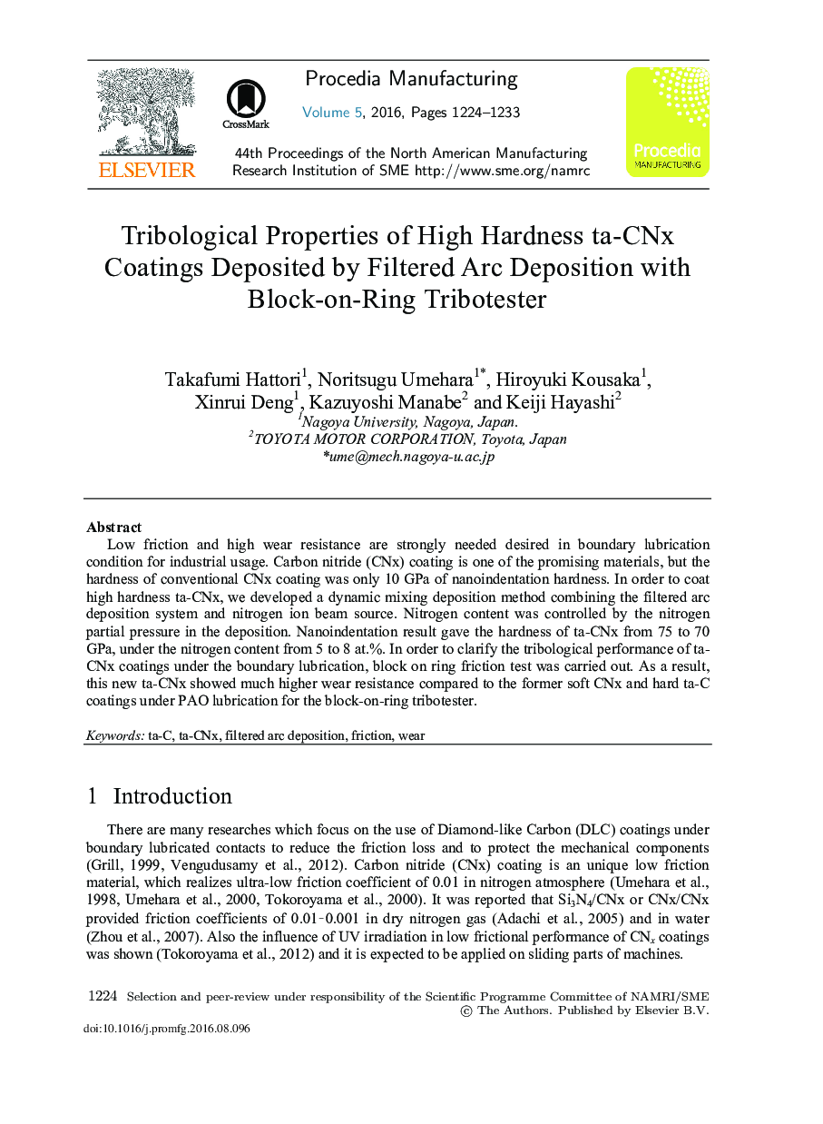 Tribological Properties of High Hardness ta-CNx Coatings Deposited by Filtered Arc Deposition with Block-on-Ring Tribotester