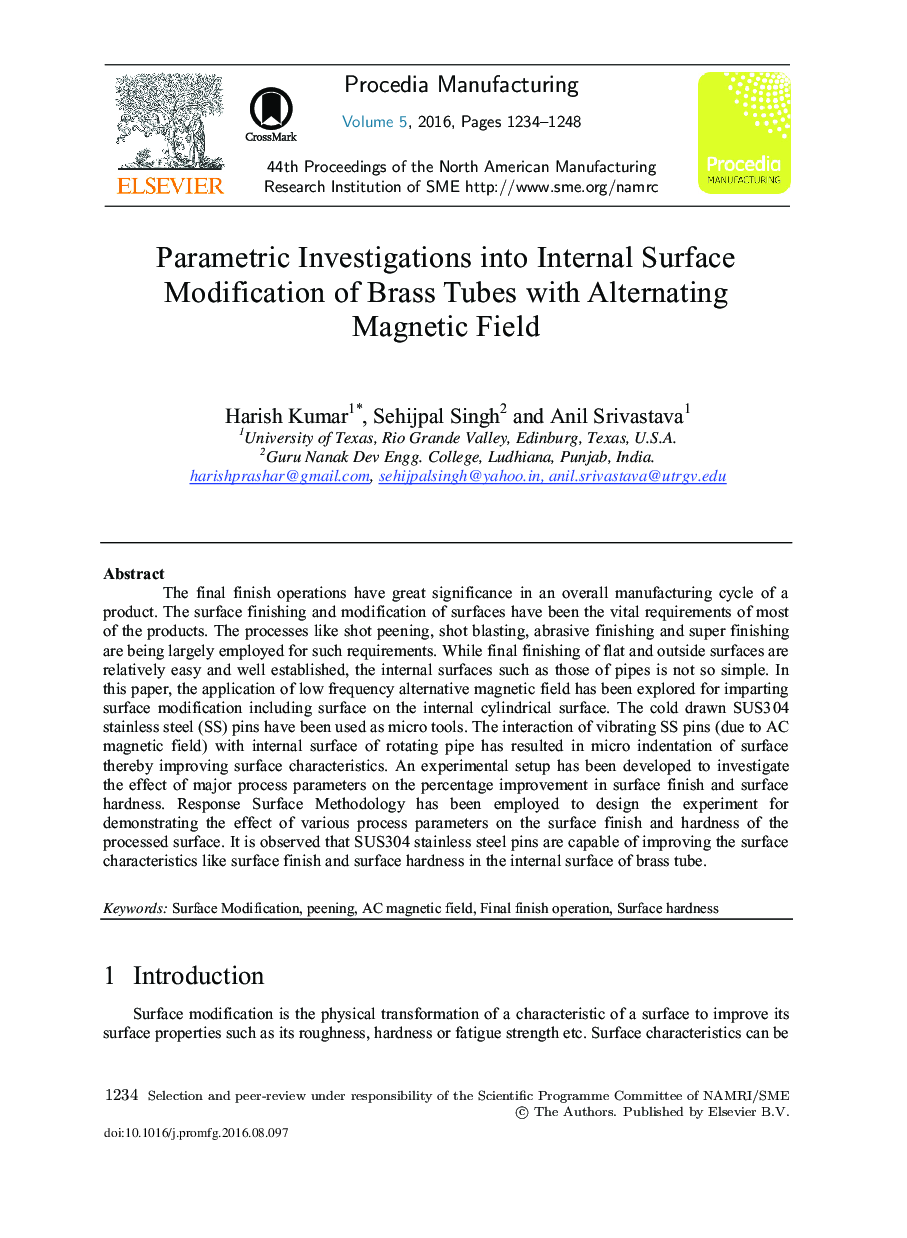 Parametric Investigations into Internal Surface Modification of Brass Tubes with Alternating Magnetic Field