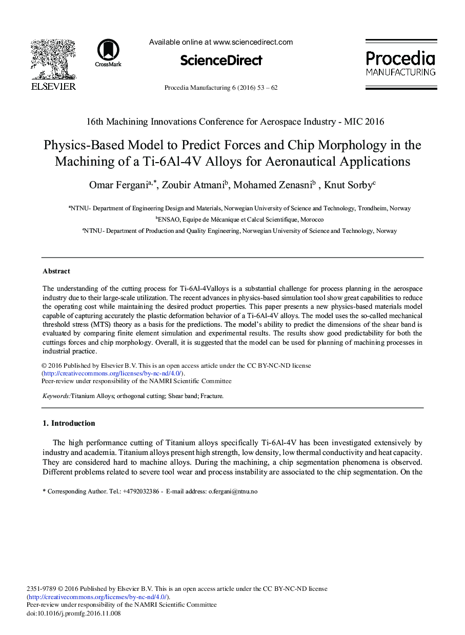 Physics-based Model to Predict Forces and Chip Morphology in the Machining of a Ti-6Al-4V Alloys for Aeronautical Applications