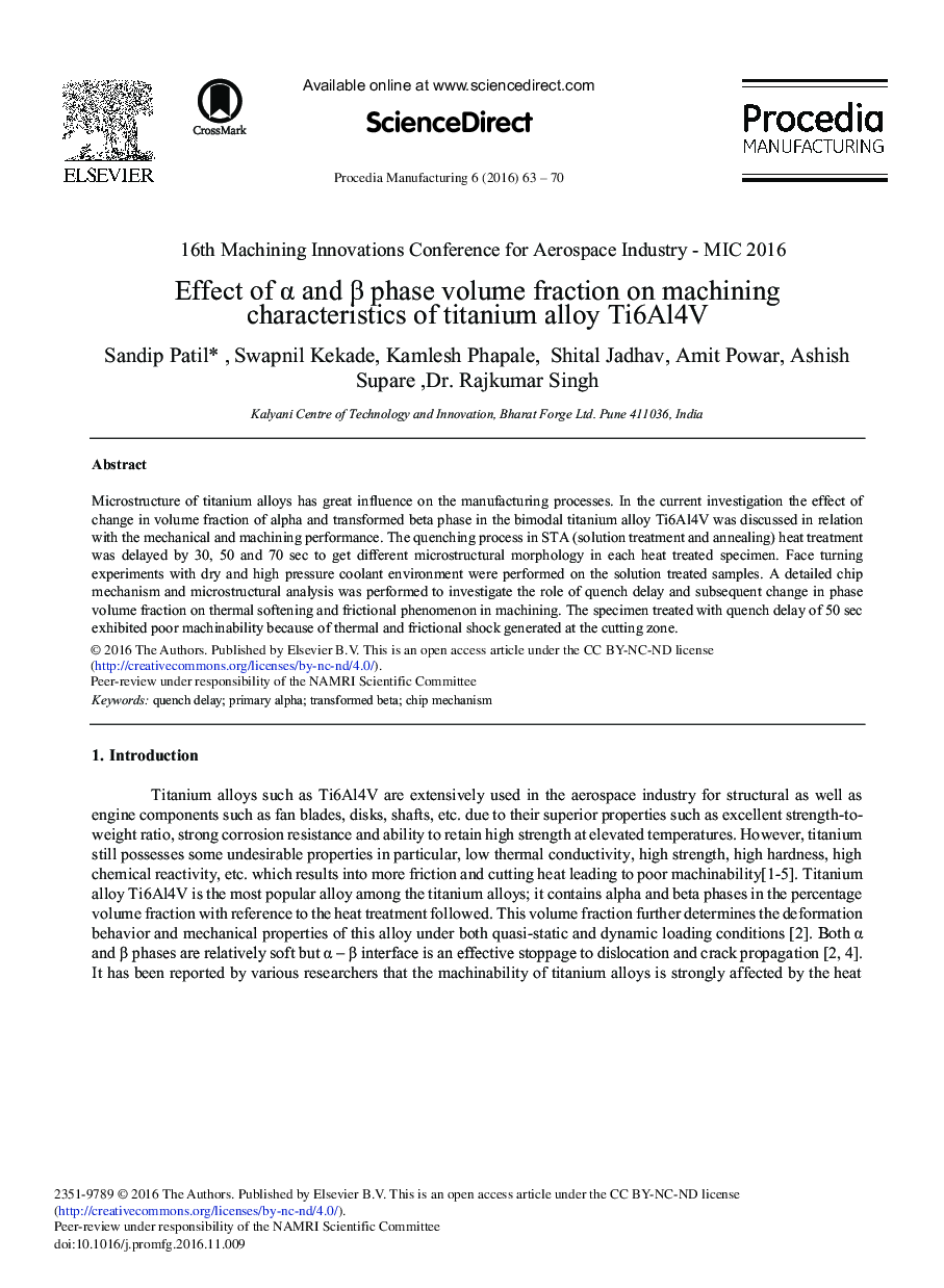 Effect of Î± and Î² Phase Volume Fraction on Machining Characteristics of Titanium Alloy Ti6Al4V