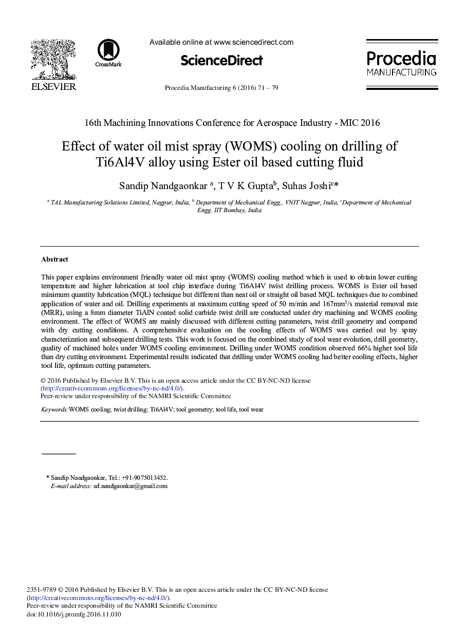 Effect of Water Oil Mist Spray (WOMS) Cooling on Drilling of Ti6Al4V Alloy Using Ester Oil Based Cutting Fluid