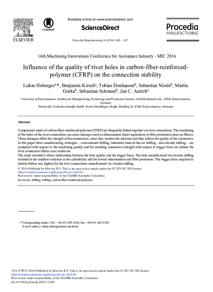 Influence of the Quality of Rivet Holes in Carbon-fiber-reinforced-polymer (CFRP) on the Connection Stability