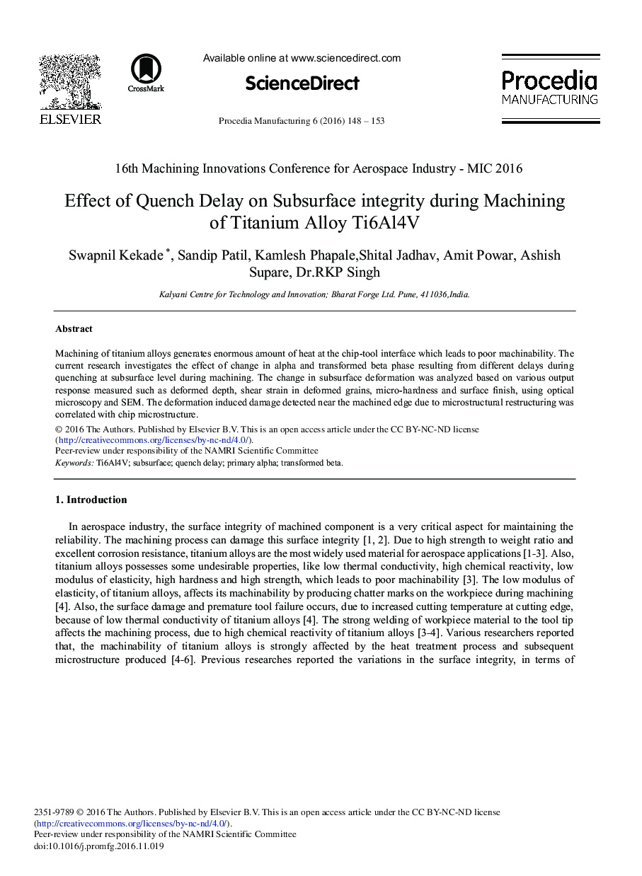 Effect of Quench Delay on Subsurface Integrity During Machining of Titanium Alloy Ti6Al4V