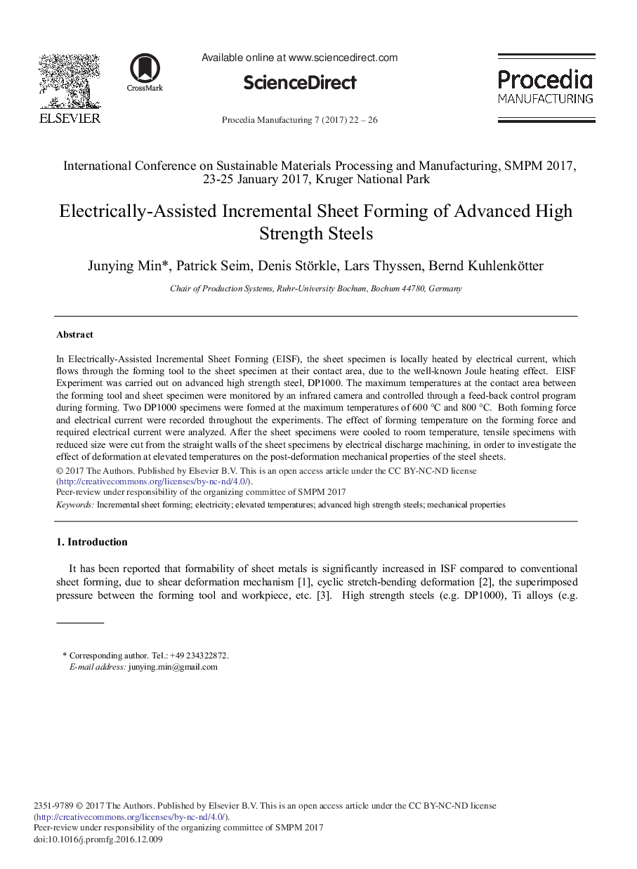 Electrically-assisted Incremental Sheet Forming of Advanced High Strength Steels