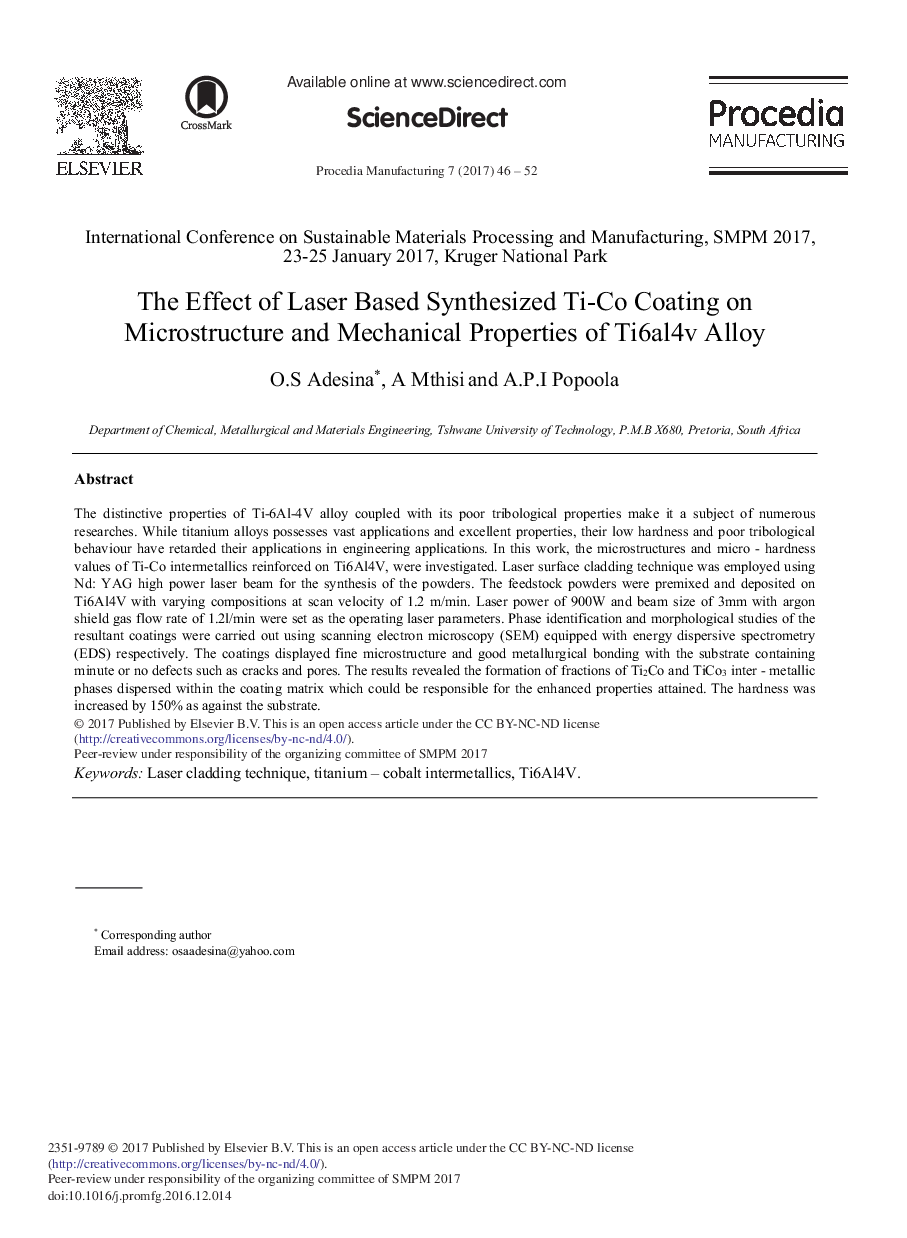 The Effect of Laser Based Synthesized Ti-Co Coating on Microstructure and Mechanical Properties of Ti6al4v Alloy