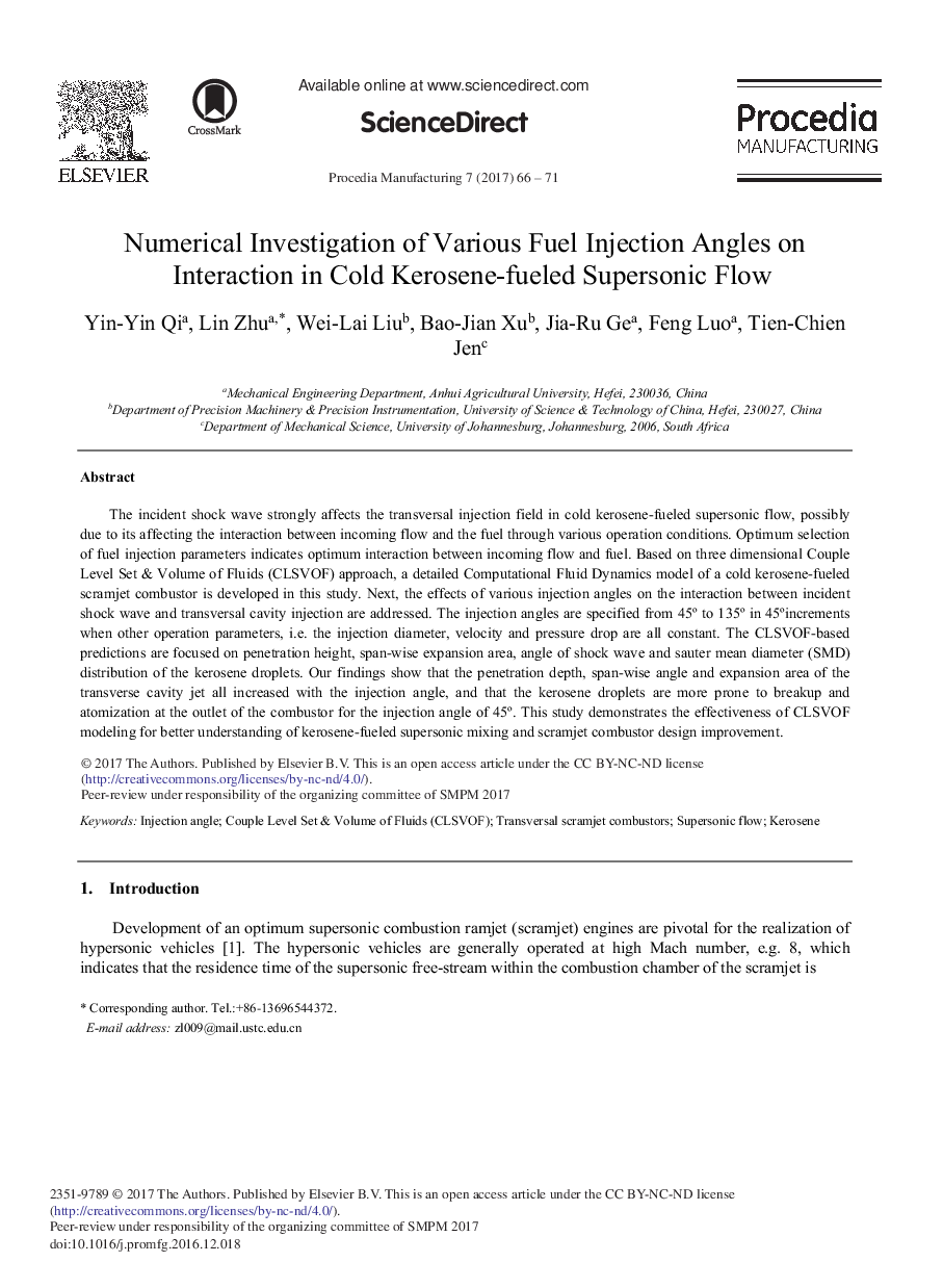 Numerical Investigation of Various Fuel Injection Angles on Interaction in Cold Kerosene-fueled Supersonic Flow