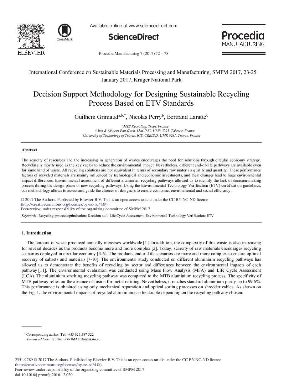 Decision Support Methodology for Designing Sustainable Recycling Process Based on ETV Standards