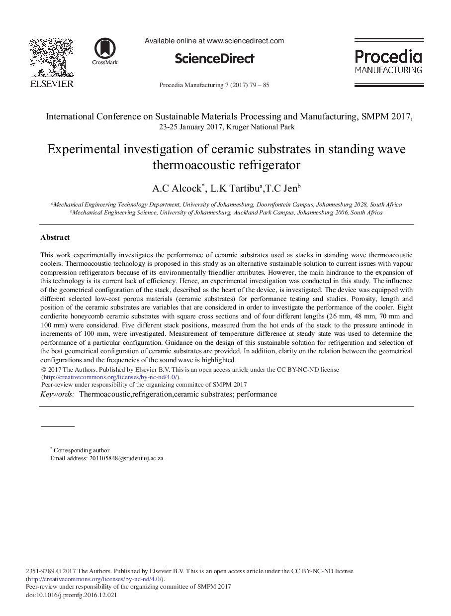 Experimental Investigation of Ceramic Substrates in Standing Wave Thermoacoustic Refrigerator